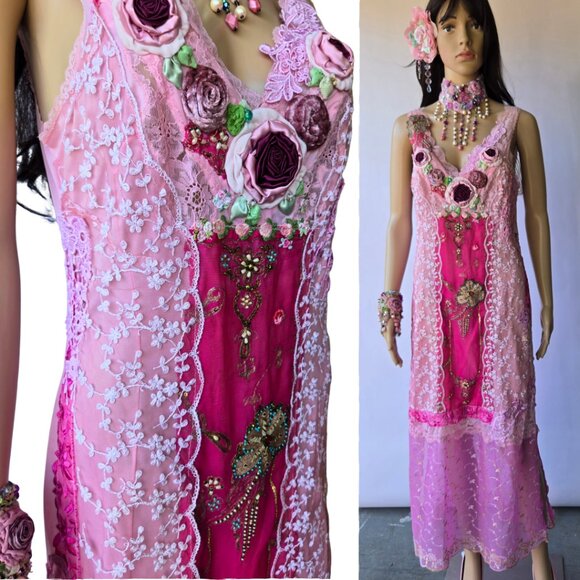 One-of-a-Kind Rose Garden Slip Dress - Vintage Lace & Embroidered Chiffon - Picture 2 of 11